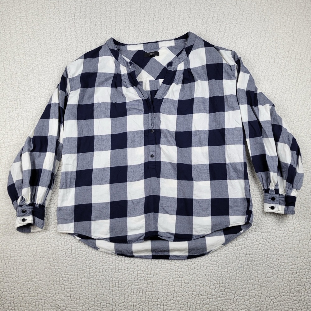J. Crew Blouse Women’s Size M Navy Buffalo Plaid Open V-Neck Flannel Shirt